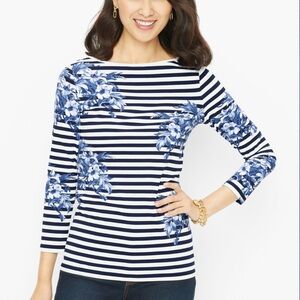 Talbots Navy White Striped Top Blue Floral NWT 1X Nautical Coastal Preppy